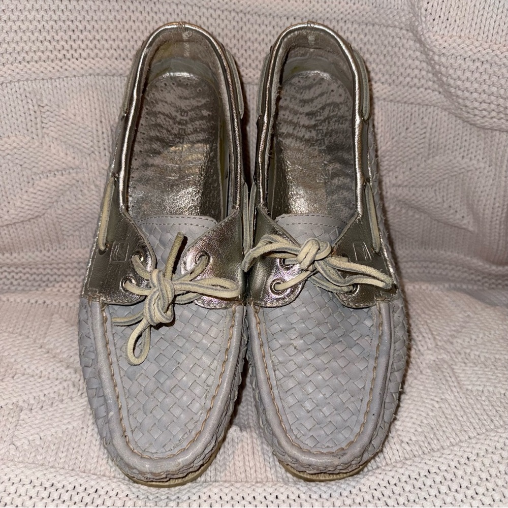 Sperry Top Sider Women's Woven Gray Leather Boat Shoes with Silver, 9M